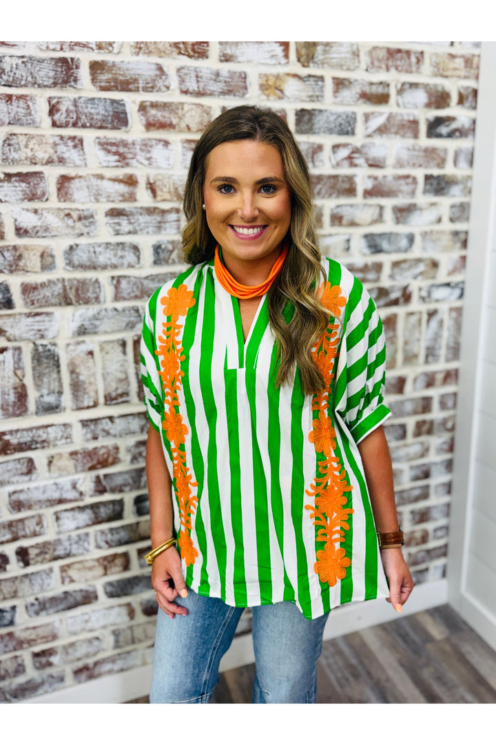 Oversized Green Embroidered Flowers Top