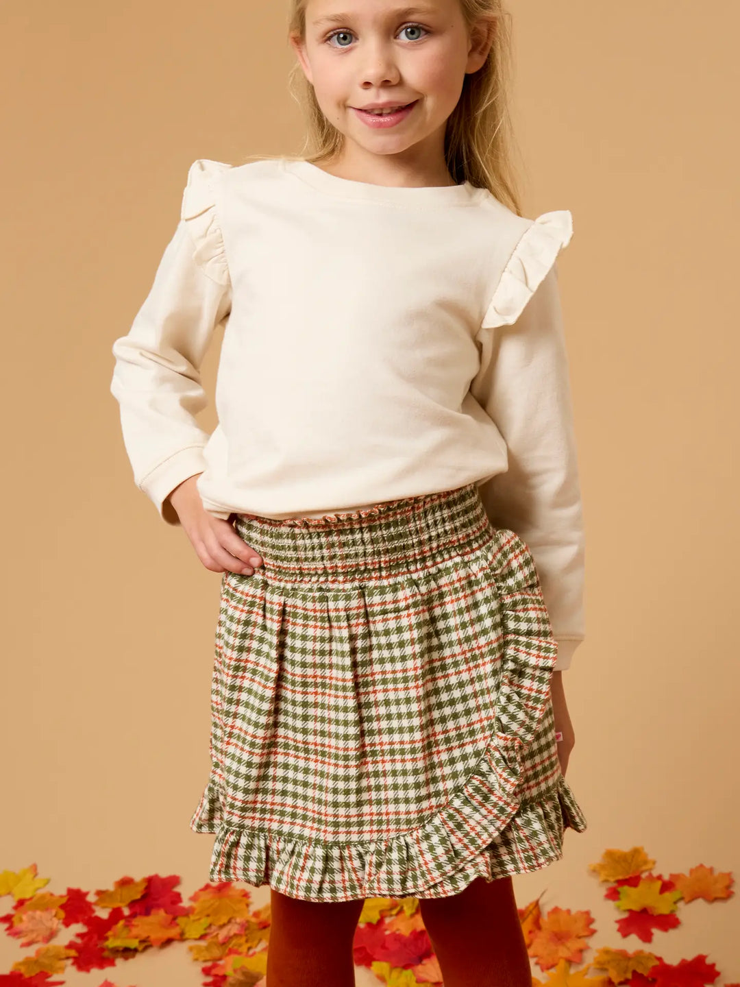 Girls Classic Dusty Olive Houndstooth Smocked Ruffle Skort