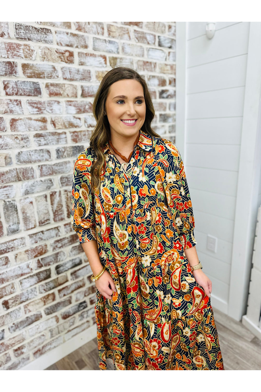 Navy Paisley Print Midi Dress