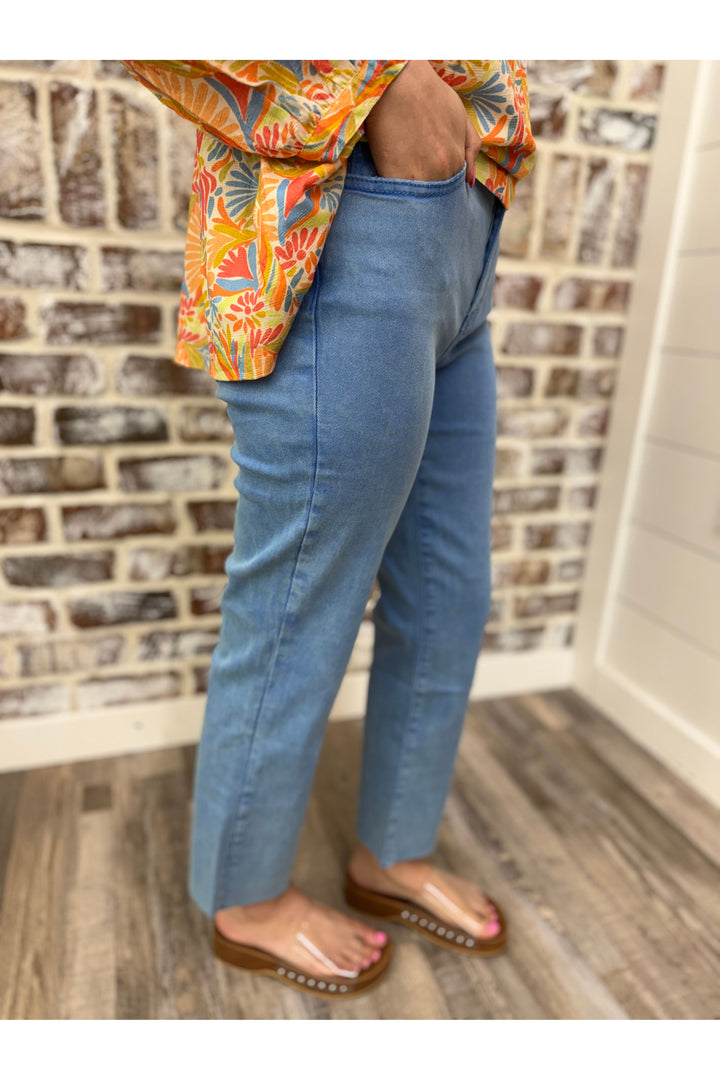 Sky Blue Acid Wash High Rise Straight Pants