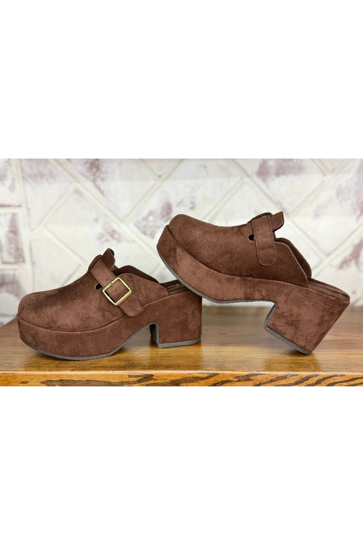 Chocolate Suede Platform Buckle Mule Clog