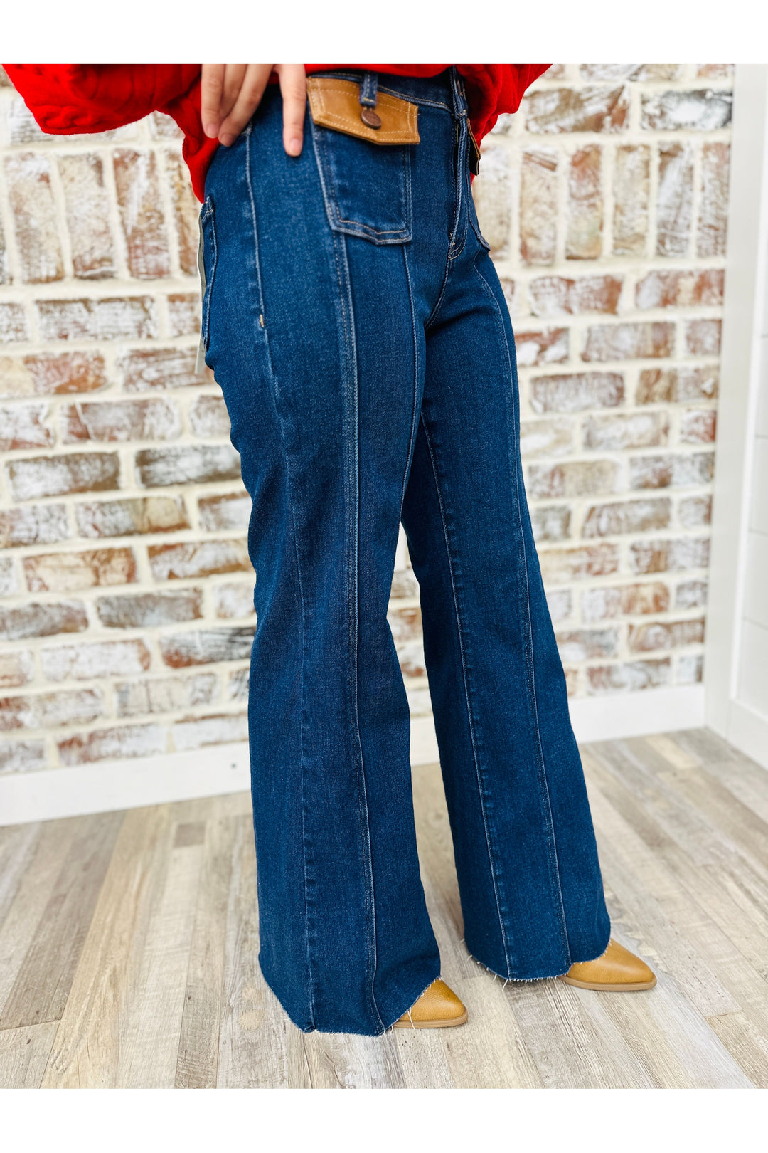 High Rise Front Leather Pocket Wide Leg Jeans