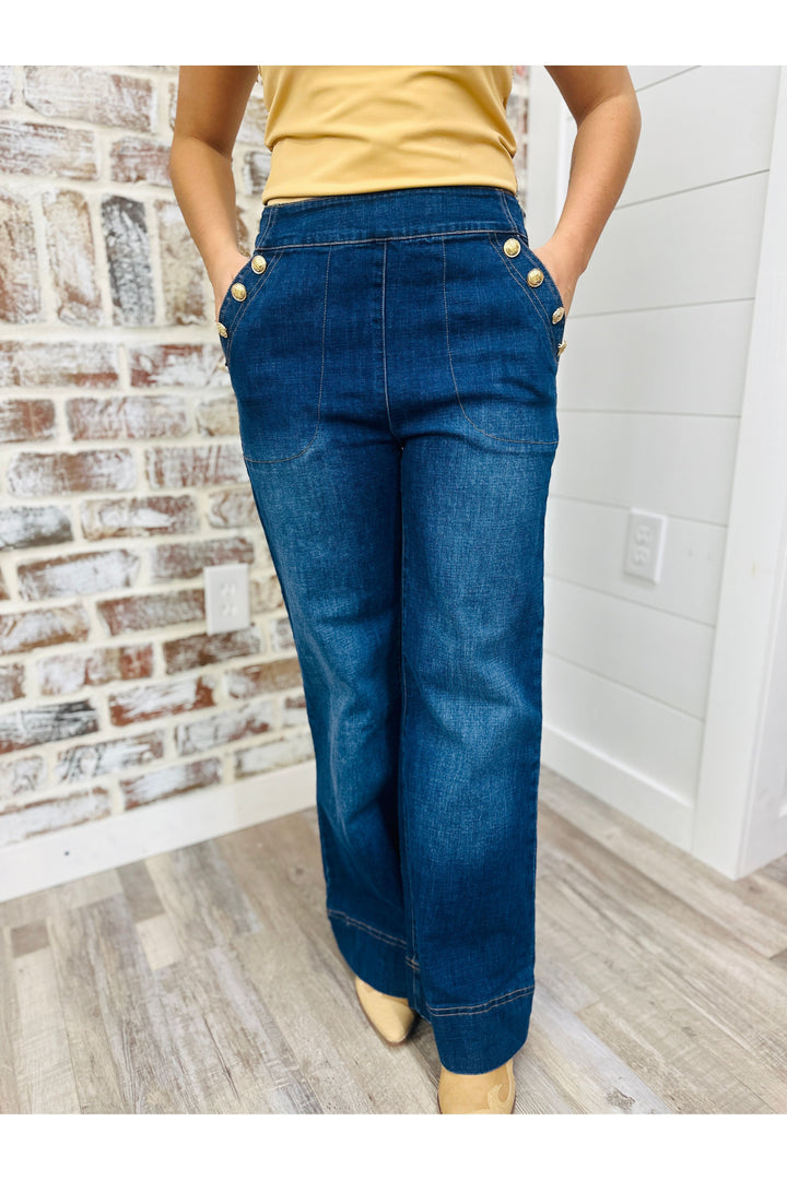 Gold Button Detail Flare Pants