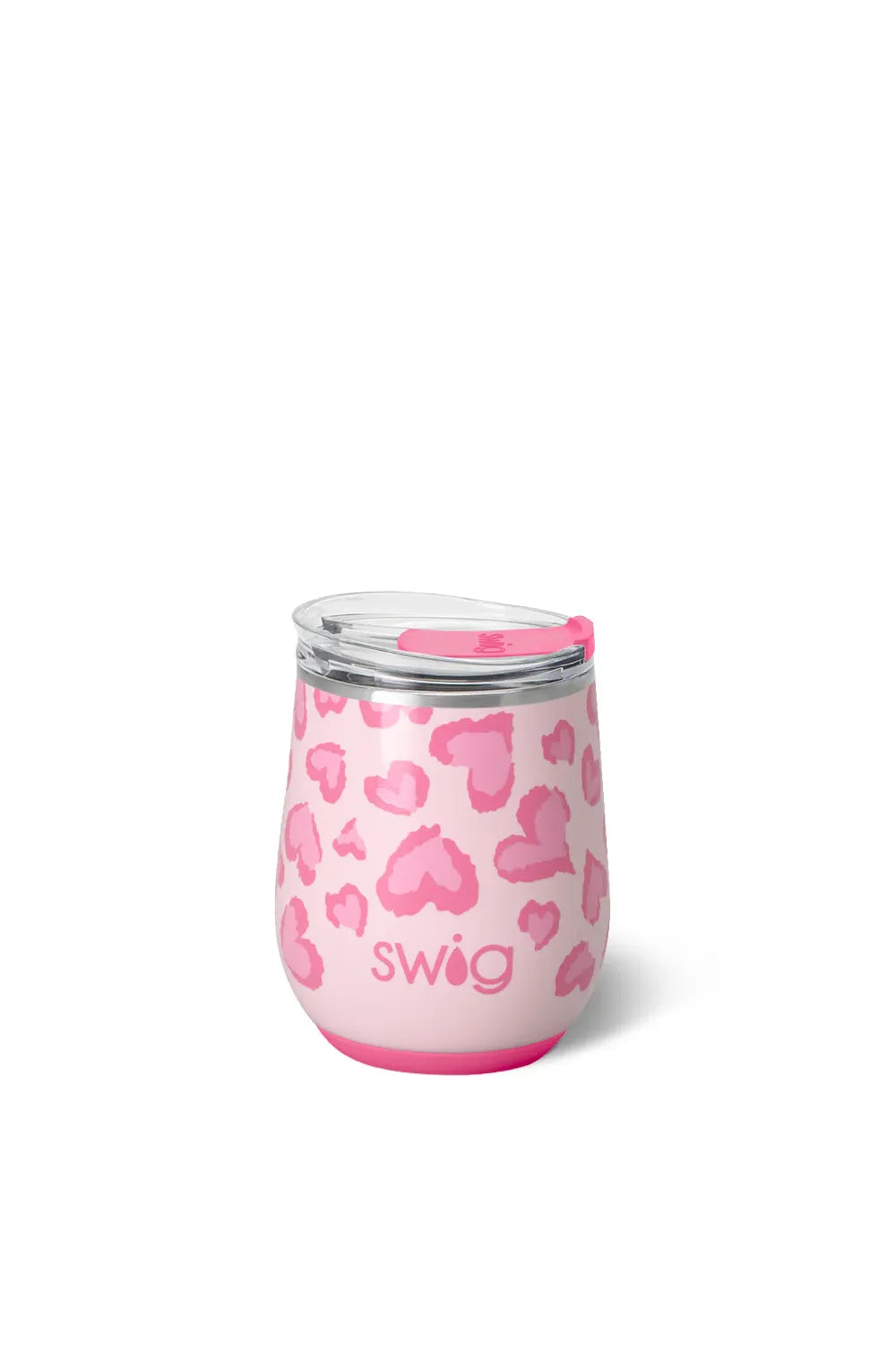 Pink leopard print swig tumbler on a white background