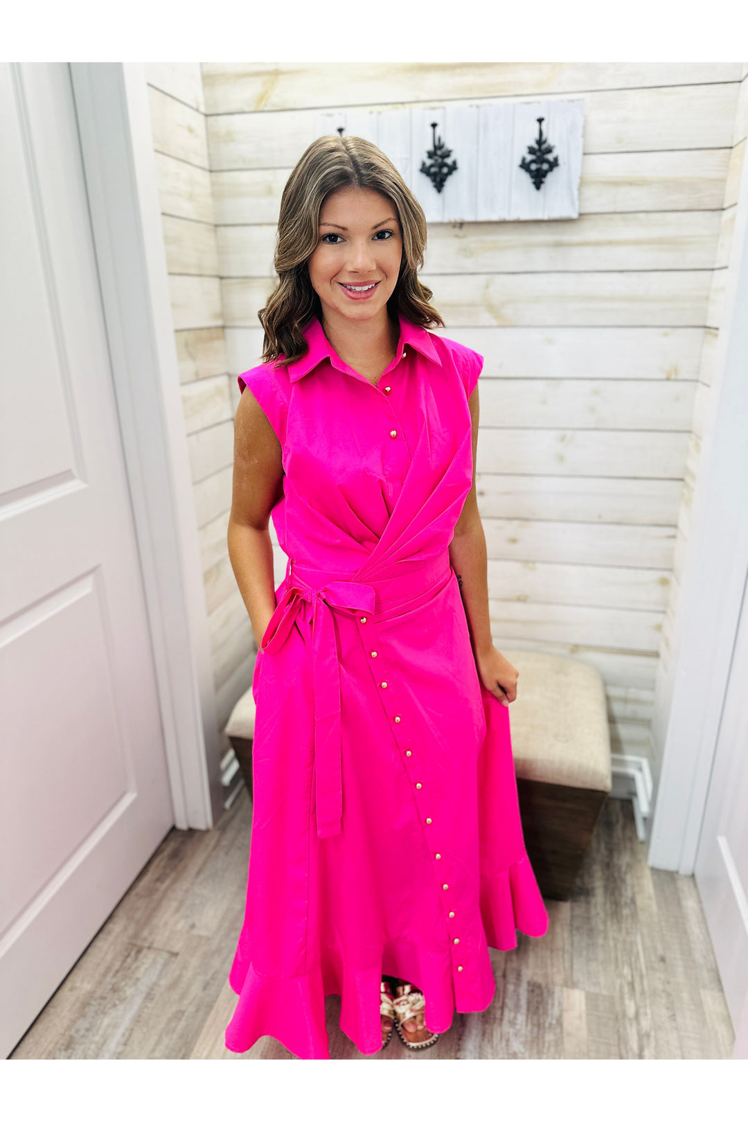 Hot Pink Buttons & Beauty Midi Dress