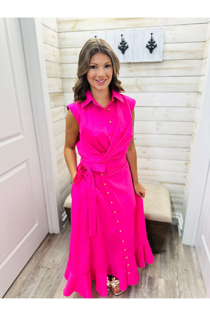 Hot Pink Buttons & Beauty Midi Dress