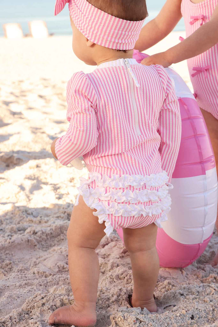 Long Sleeve Rash Guard with Ruffle Bottom | Seersucker Dusty Pink