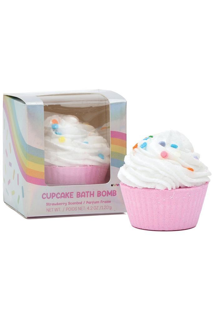 Strawberry scented bath bomb in shape of a cupcake Packaged in a decorative box
