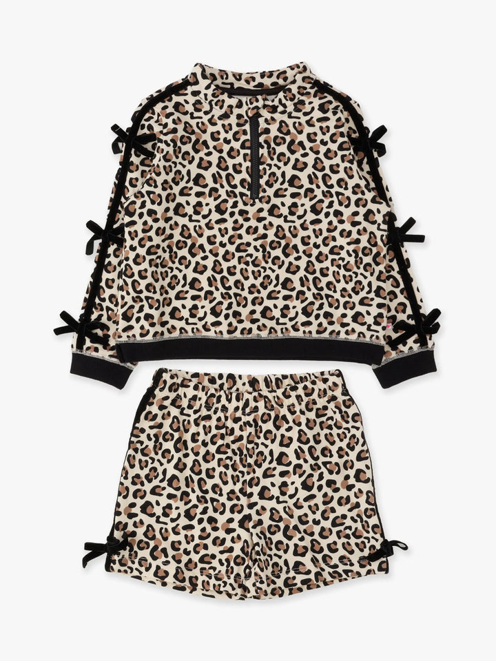 Girls Classic Leopard Fleece Bow Quarter Zip & Shorts Set