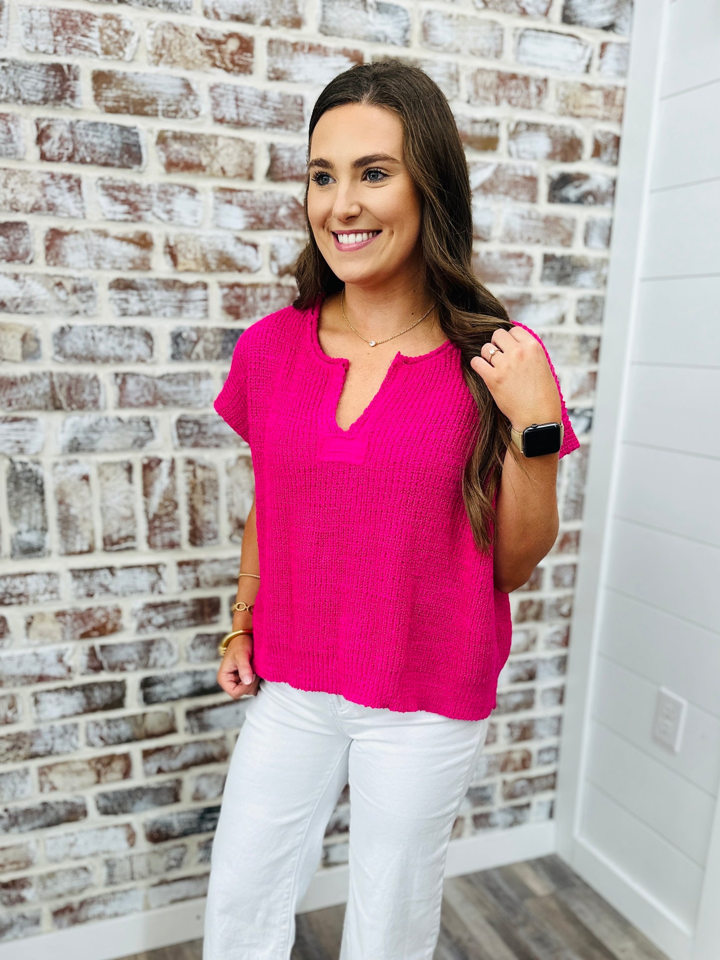 Hot Pink~ Split Neck Top