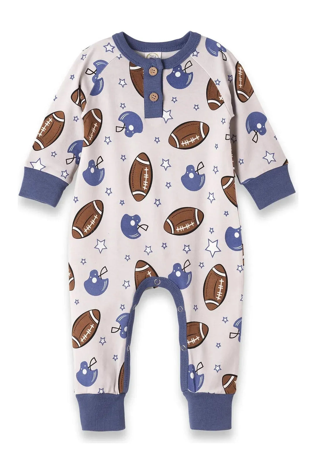 Baby boy game day football bamboo romper with football and helment designs.