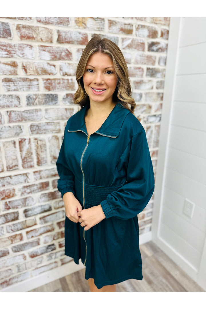 Teal Front Zip Dress
