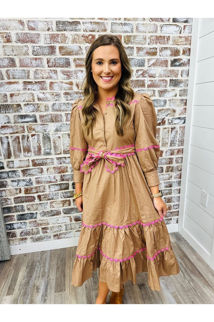 Mocha & Pink Contrast Midi Dress