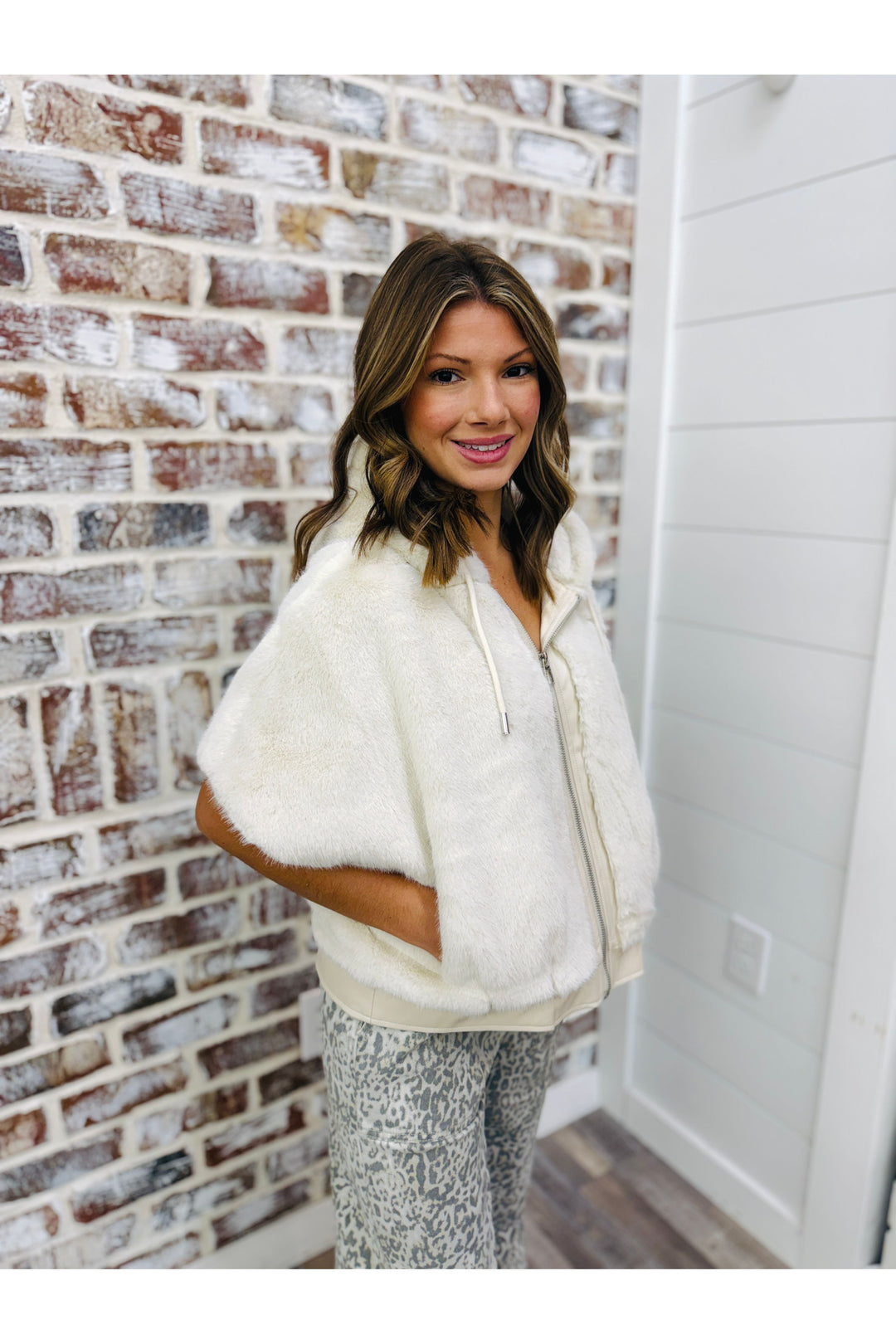 Cream Faux Fur Leather Trim Hoody Vest