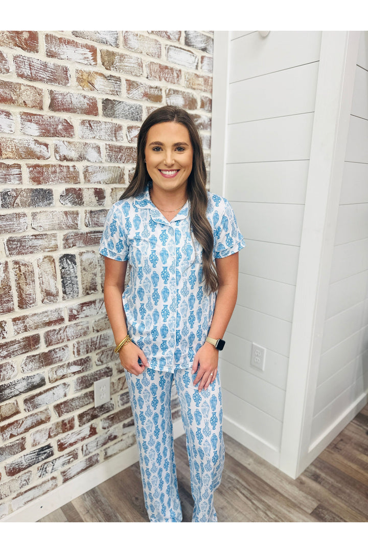 Claire Pants Pj Set~  White/Palace Blue