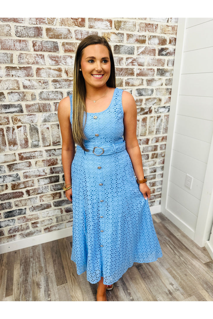Blue Eyelet Belted Drss