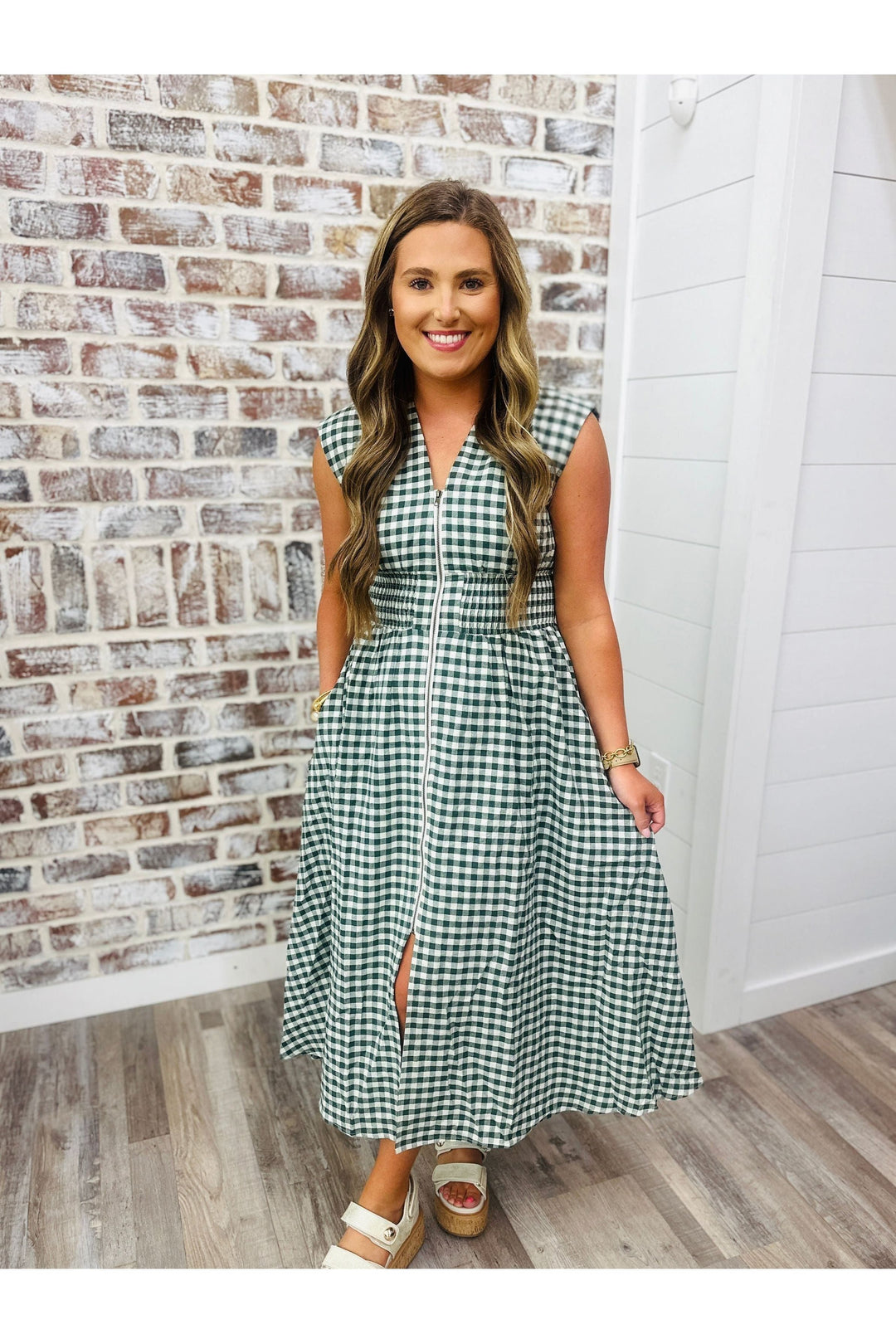  sleeveless forest green color gingham midi dress 