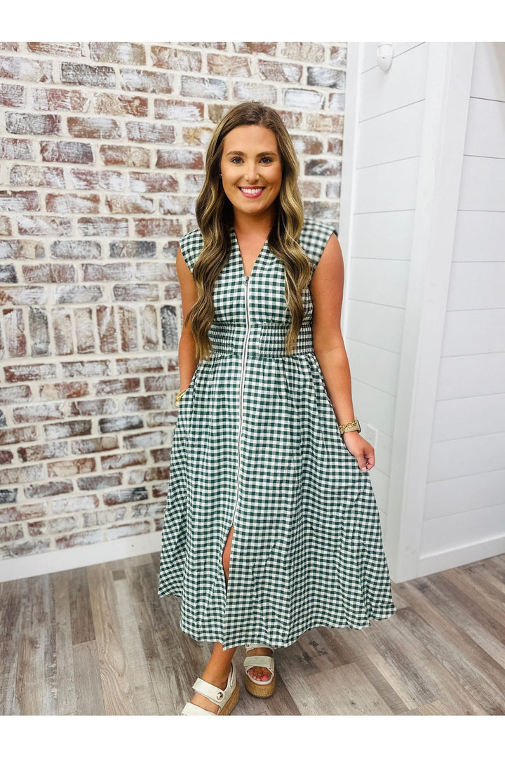  sleeveless forest green color gingham midi dress 