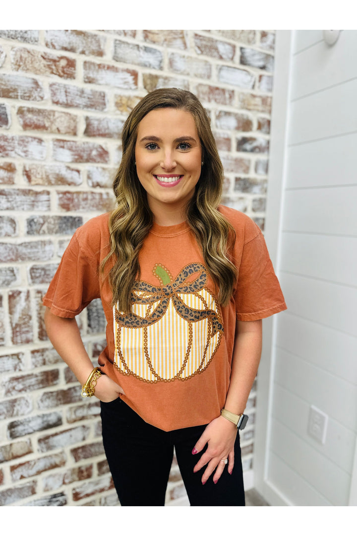 Seersucker Pumpkin With Leopard Bow Tee