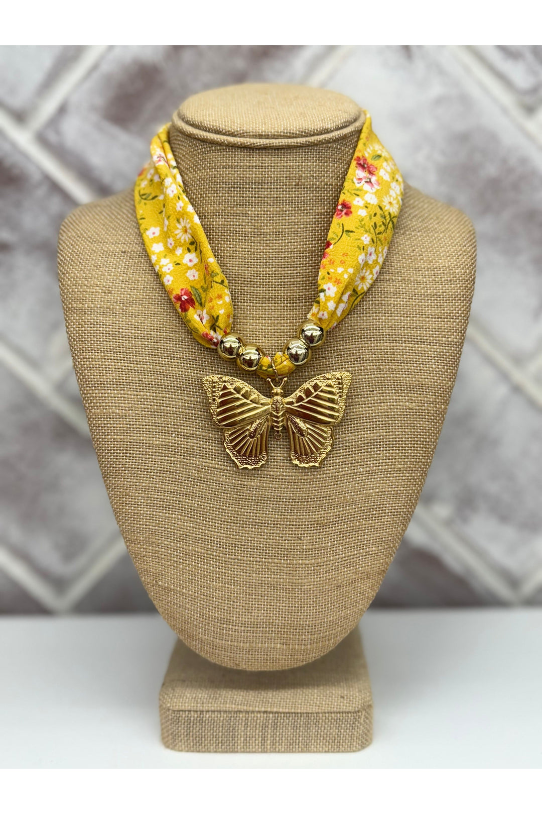 Yellow Floral Print Scarf Necklace With Butterfly Charm