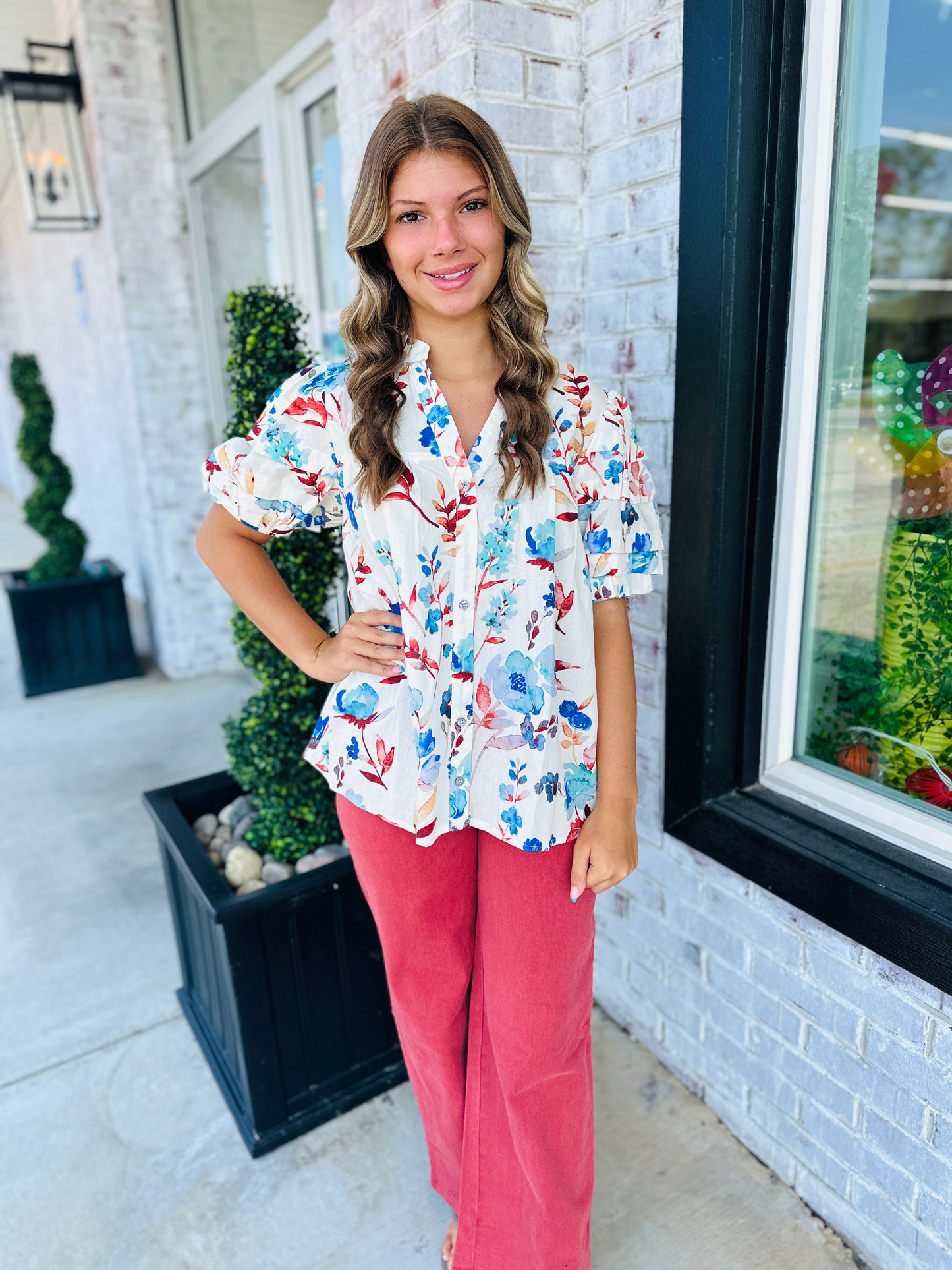 Ivory Blue Flowers Top