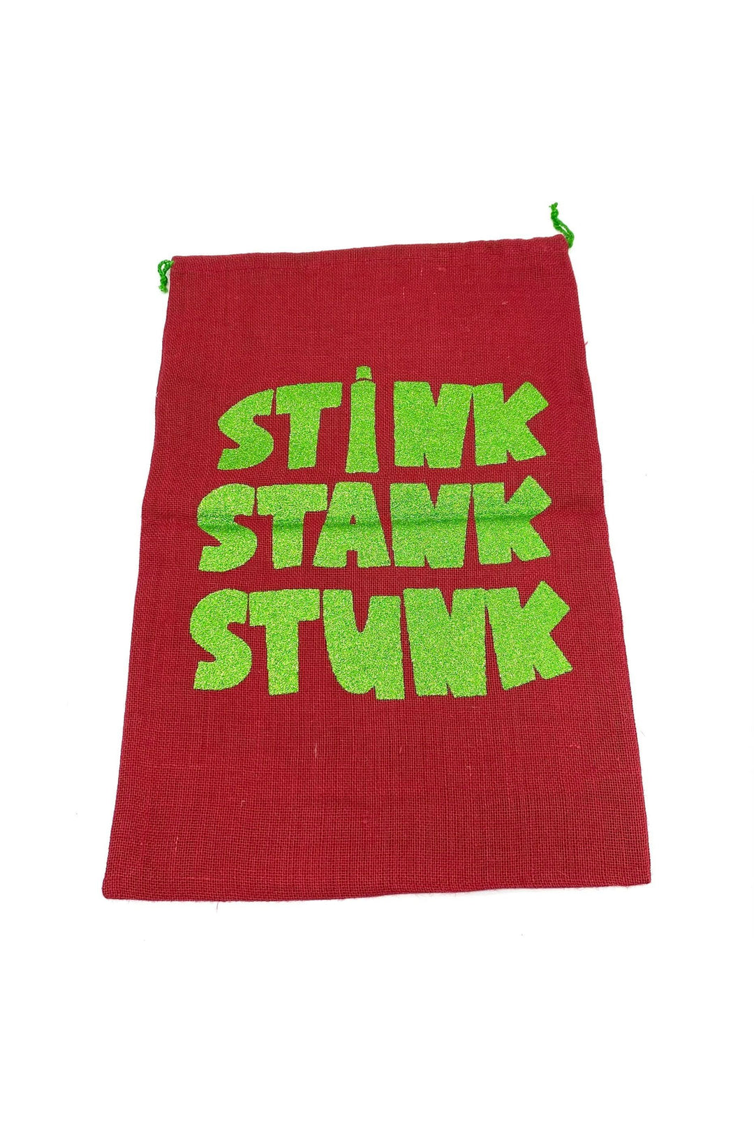 RED SANTA SACK WITH GLITTER PRINT IN RED "STINK, STANK, STUNK"