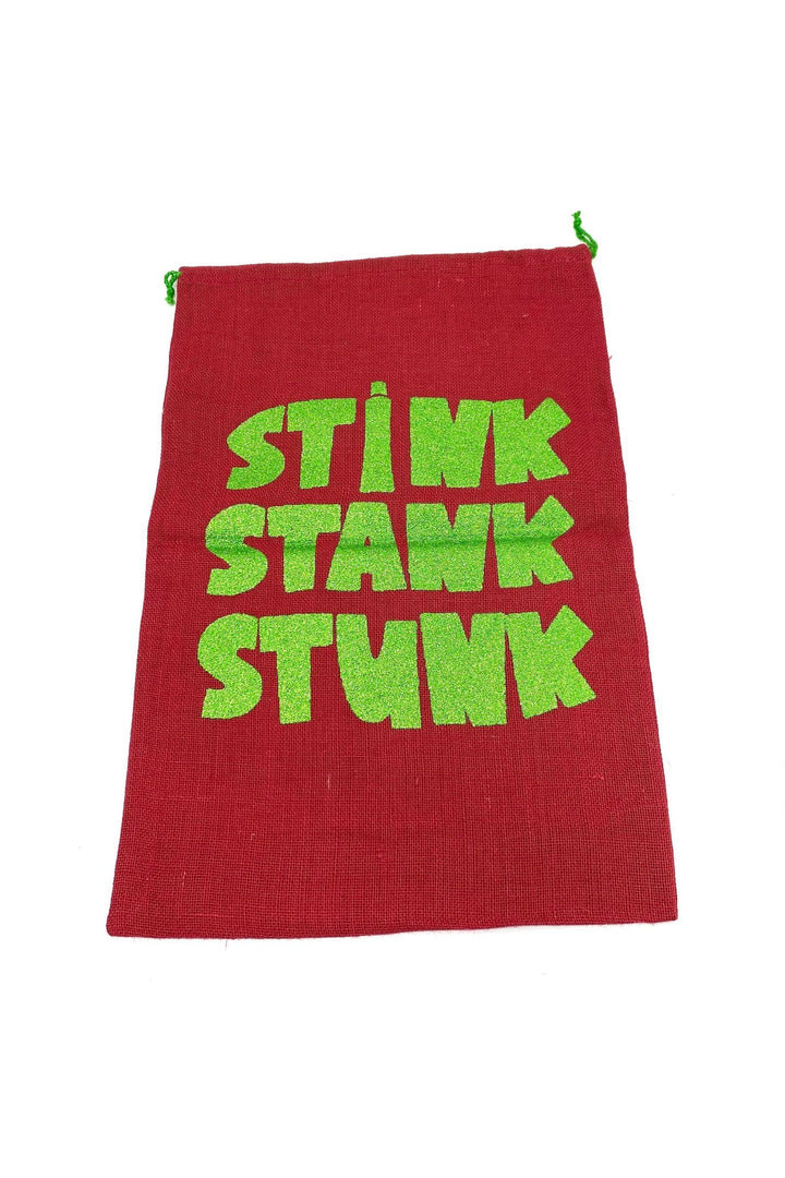 RED SANTA SACK WITH GLITTER PRINT IN RED "STINK, STANK, STUNK"