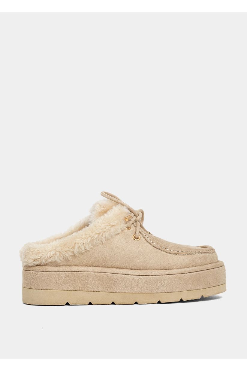 Bone color platform slide on with faux fur inside