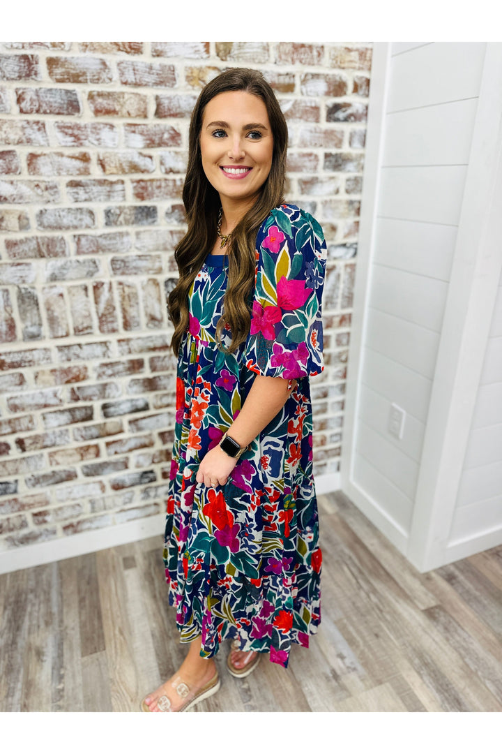 Navy Flowers Midi Dress