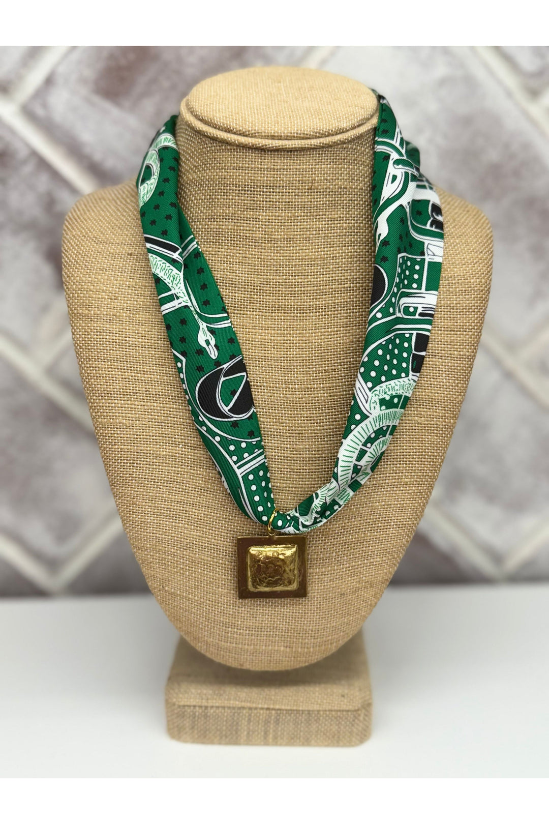 Green White & Black Design Scarf Necklace With Square Gold Charm