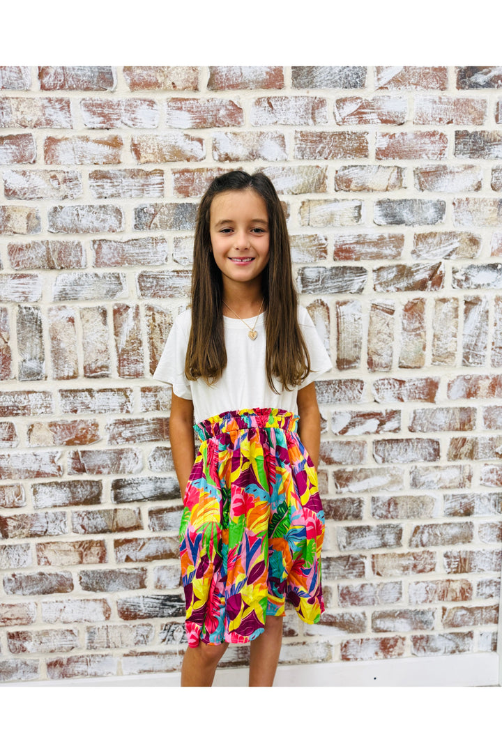 Youth Tropical Satin Chiffon Mixed Media Dress