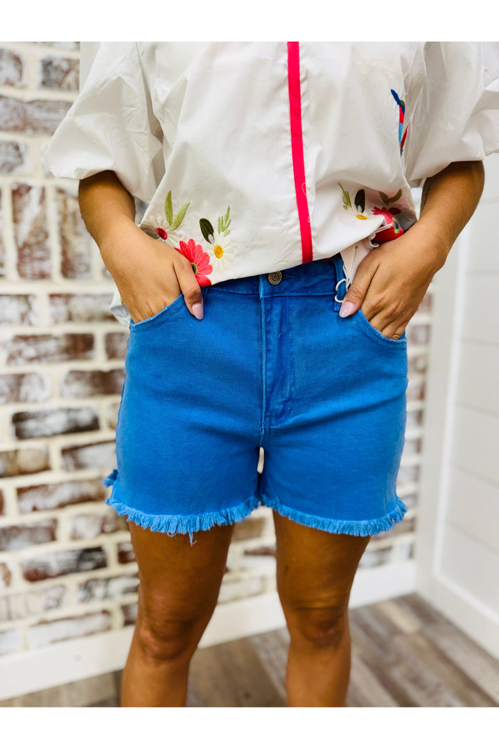 Ocean Blue| Acid Wash Fray Hem Shorts