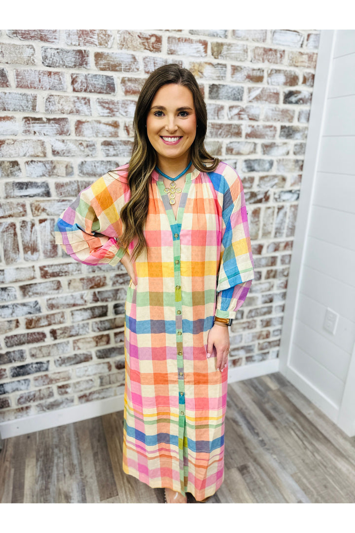 Sunshine Tienda| RAINBOW PLAID CLEO MIDI DRESS