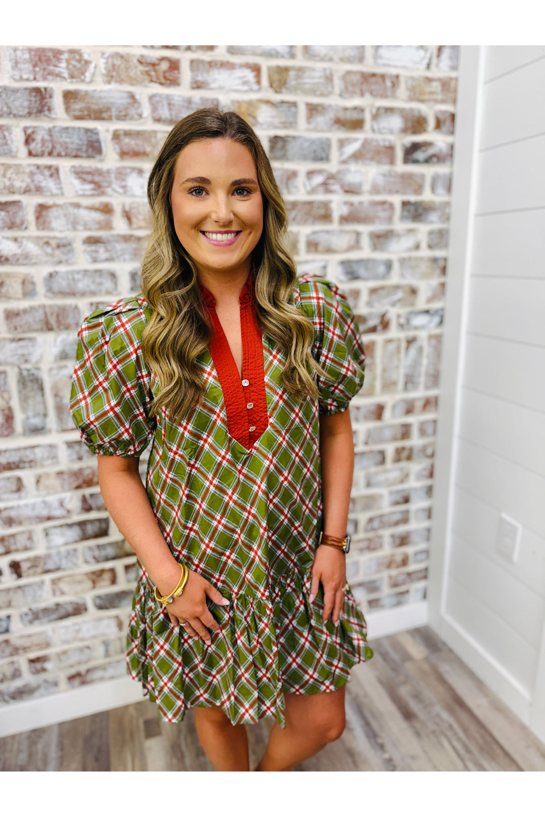 Tartan Charm Ruffle Dress - Olive