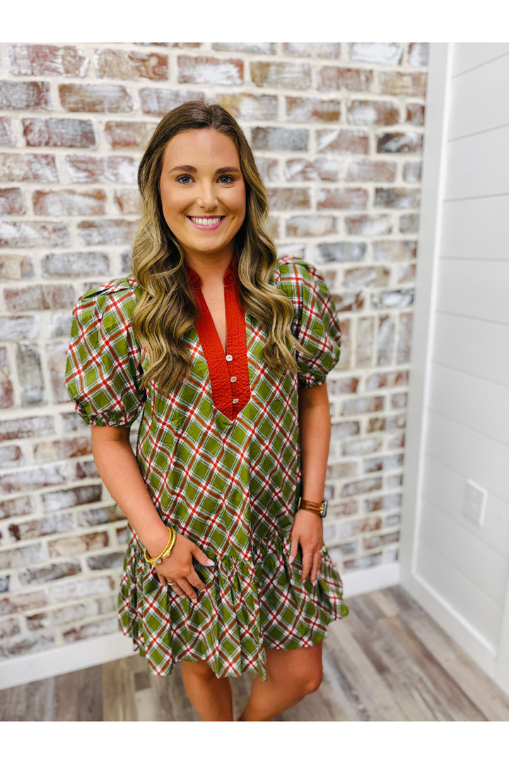 Tartan Charm Ruffle Dress - Olive