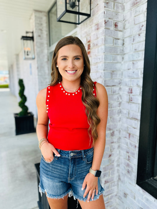 Pretty In Pearls Top~ Red