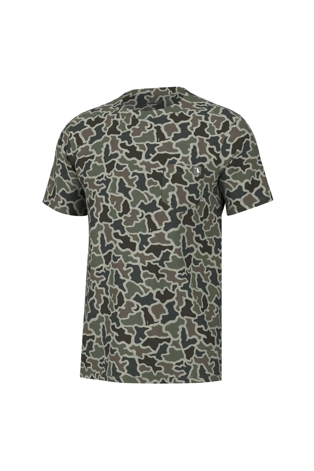 Men’s short sleeve camo shirt with front pocket.