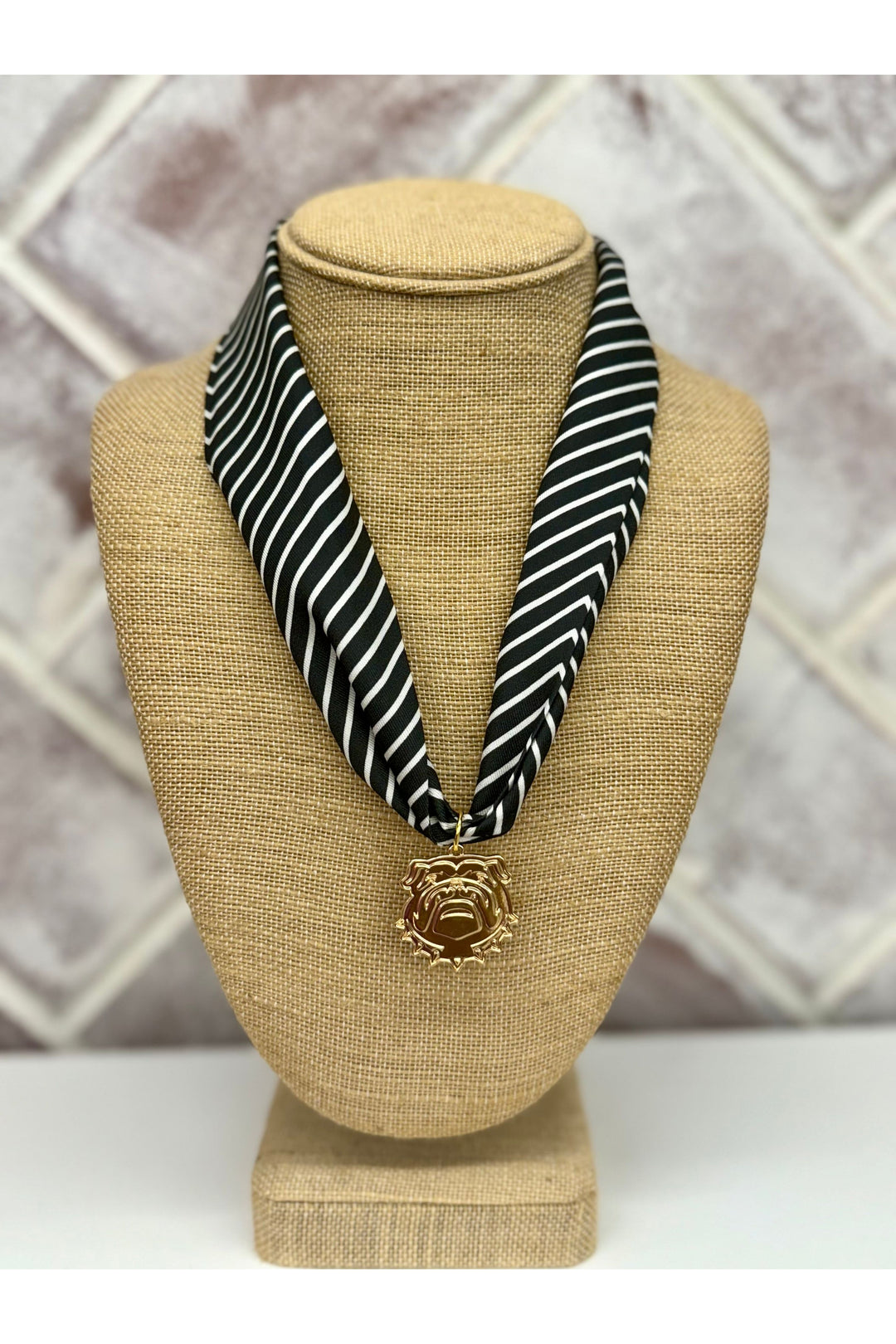 Black & Cream Scarf Necklace With Bulldog Charm