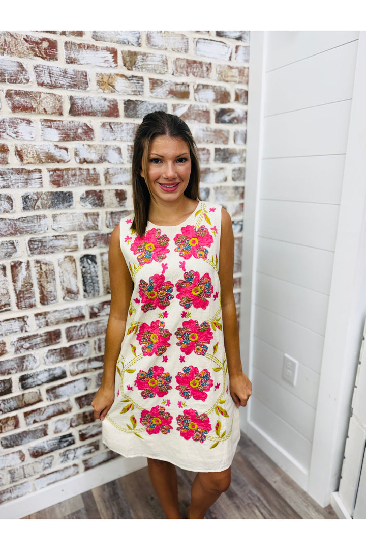 THML Embroidered Floral Linen Dress