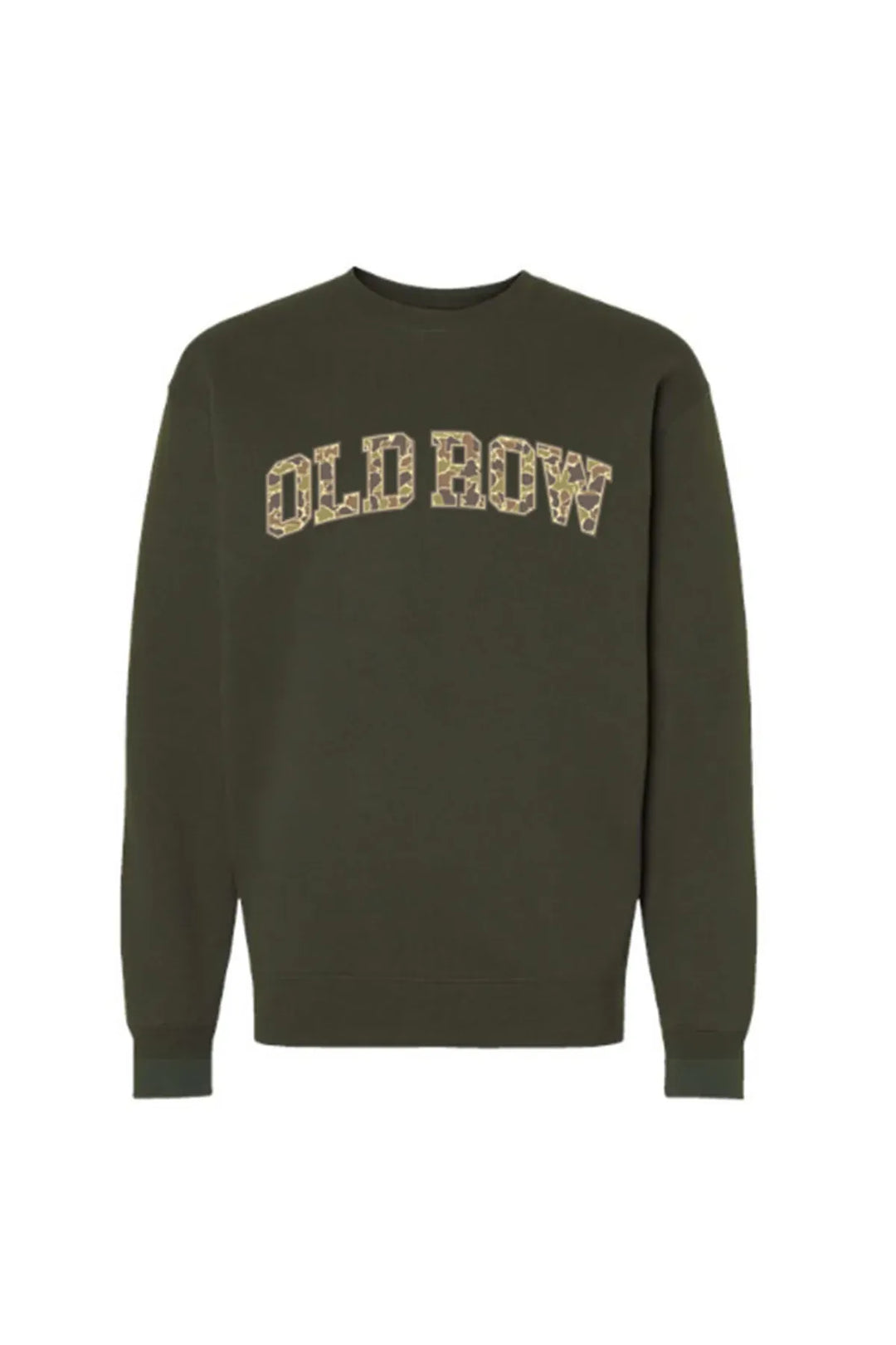 Olive sweatshirt with Old Row text in camo print