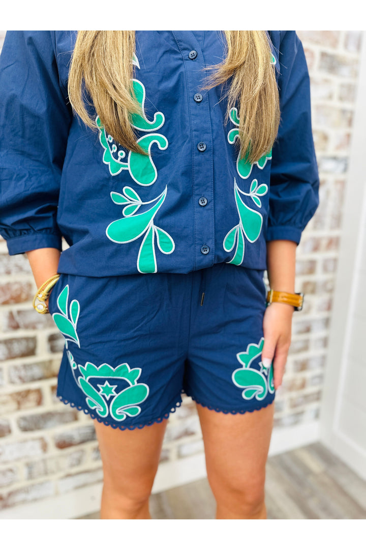 Navy + Emerald Embroidery Shorts