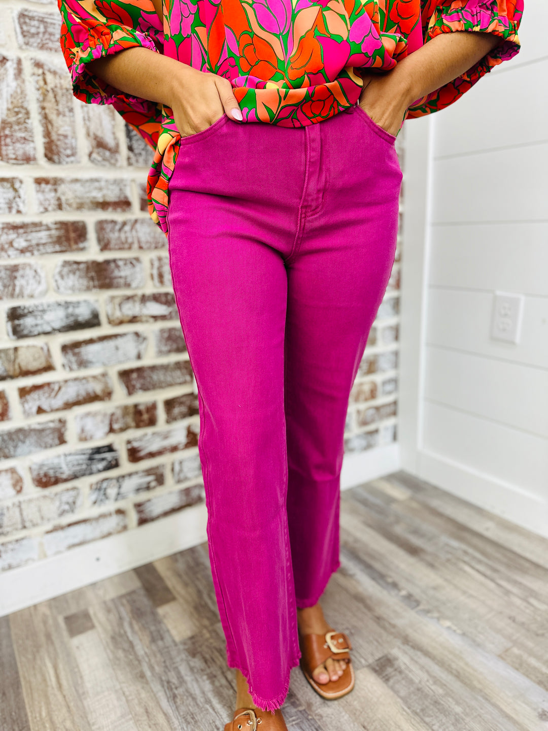 Acid Washed Straight Leg Pants - Magenta