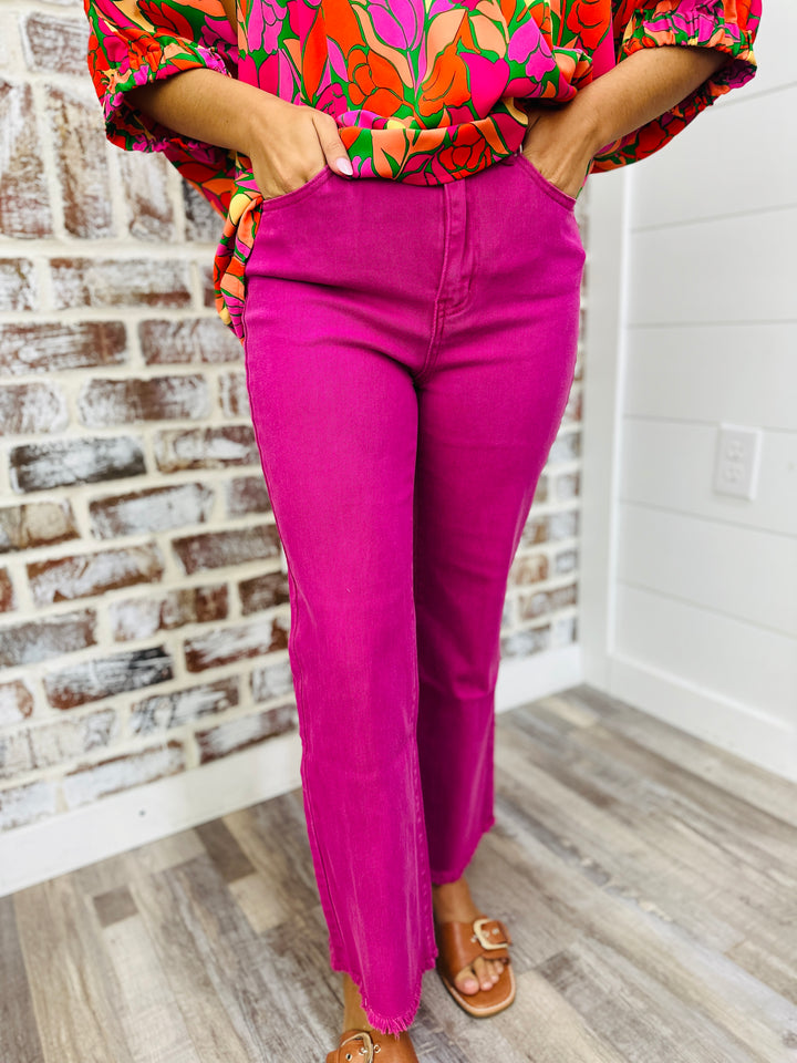 Acid Washed Straight Leg Pants - Magenta