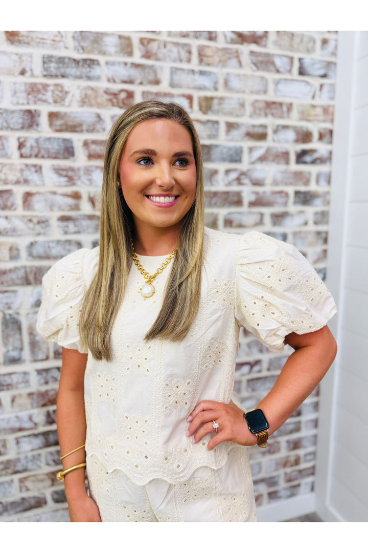 Ivory Scalloped Eyelet Top