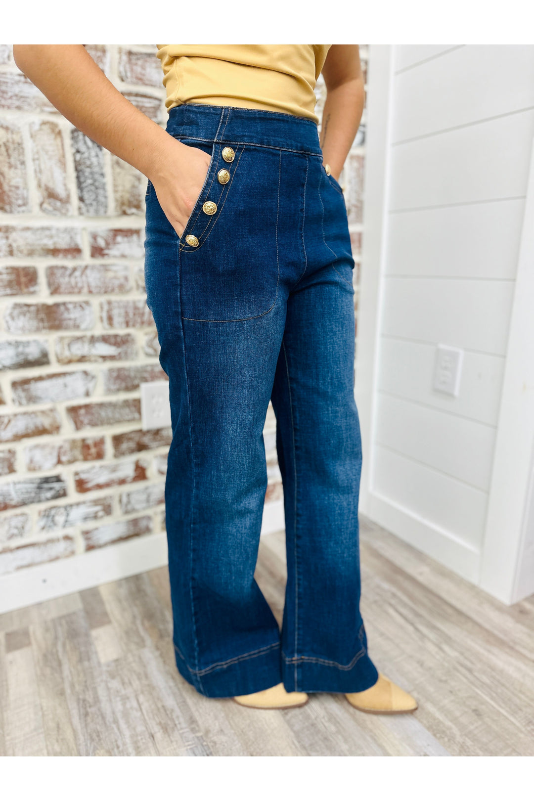 Gold Button Detail Flare Pants