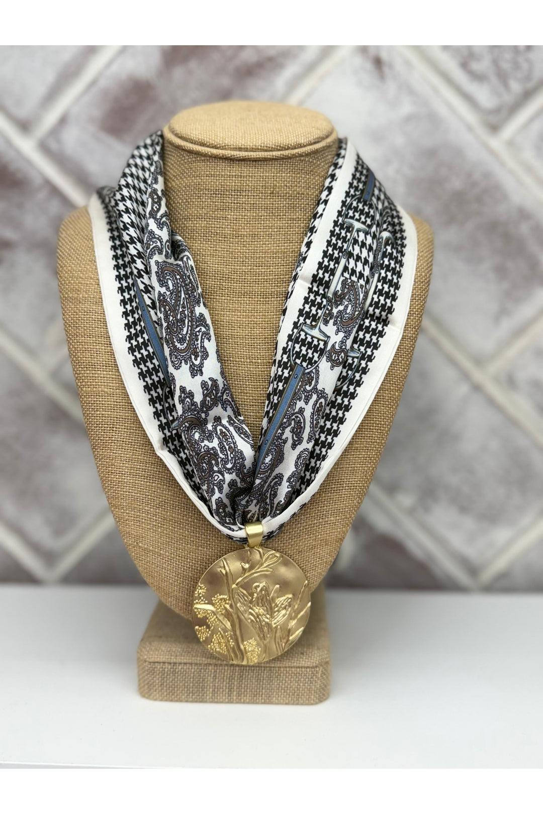 Black & Cream Houndstooth & Paisley Print Scarf Necklace With Gold Floral Charm