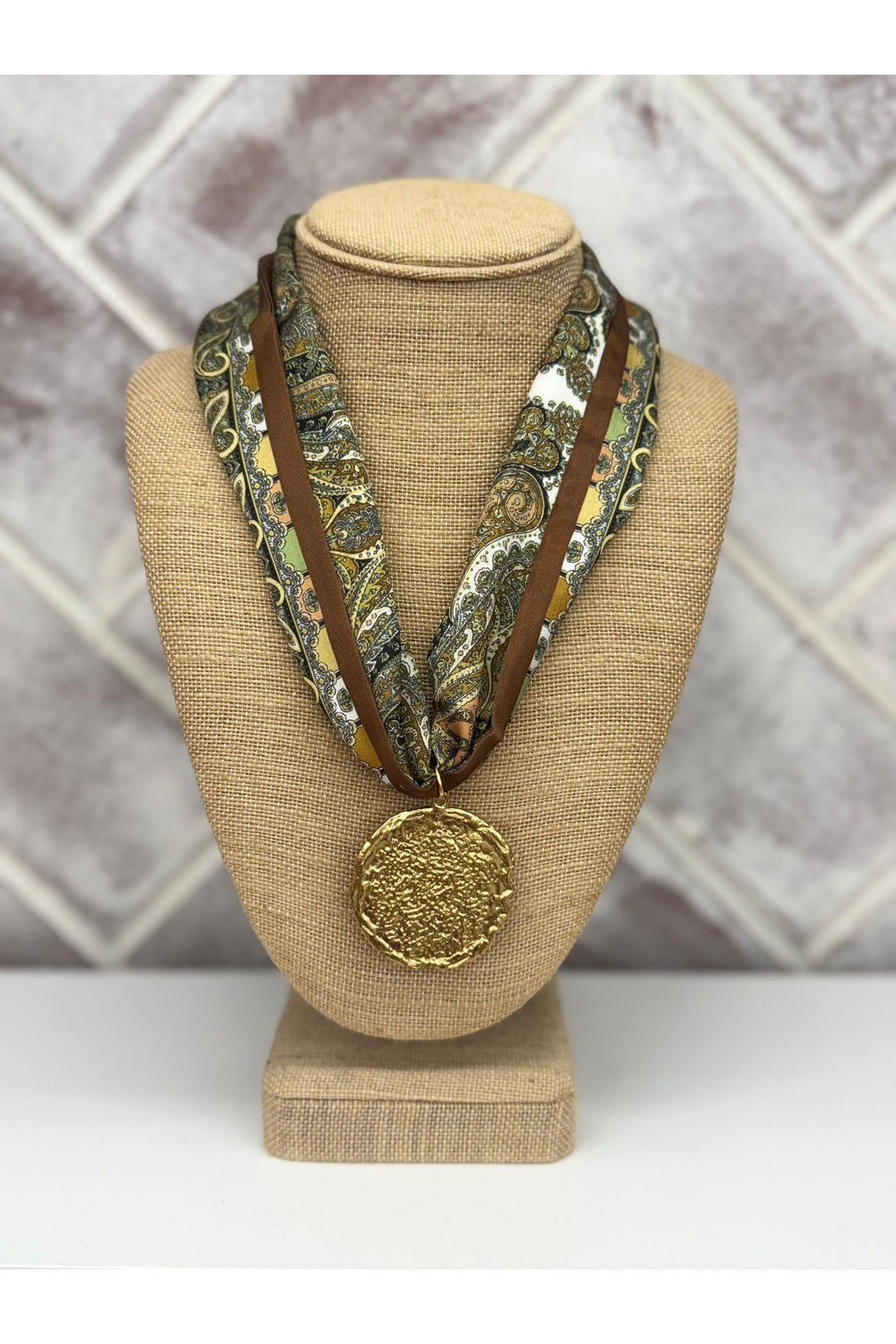 Olive Green Paisley Print Scarf Necklace With Textured Gold Charm