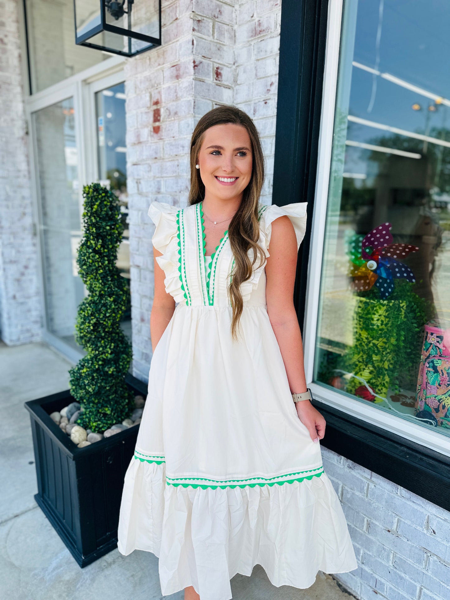 Cream & Green Midi Dress