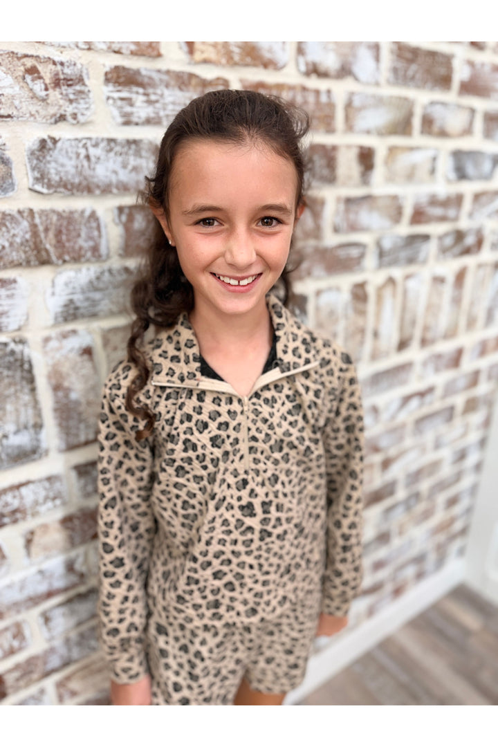 Girls Leopard Mock Neck Zip Top