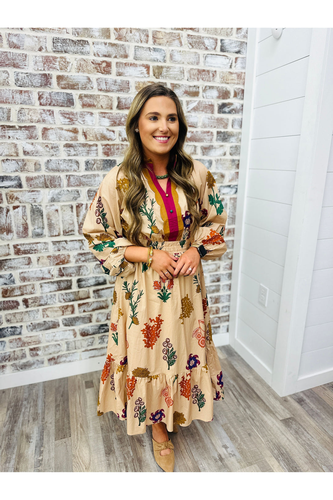 Tan Mix Design Midi Dress